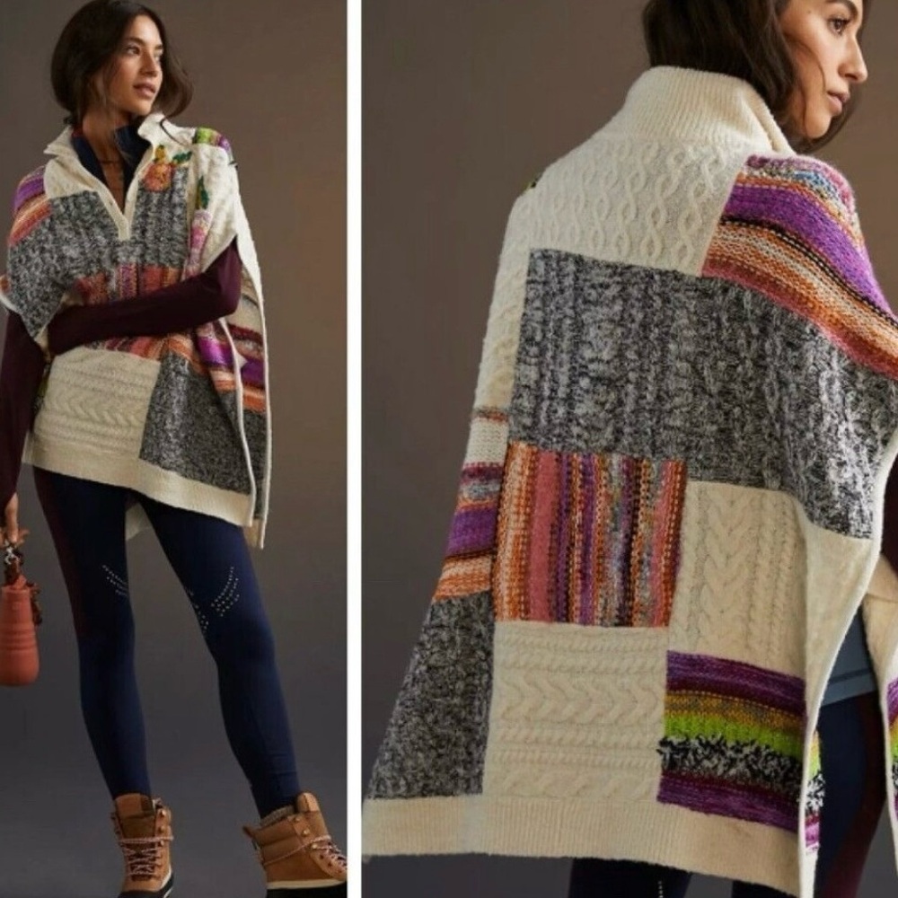 Anthropologie Patchwork Floral Sweater Poncho Shawl